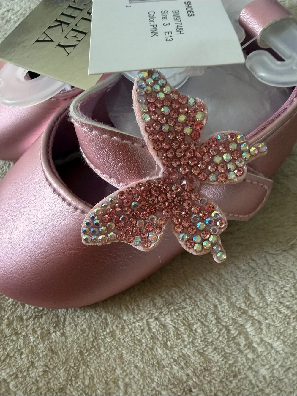 Badgley Mischka Metallic Pink Baby Mary Jane Shoes with Crystal Butterfly
